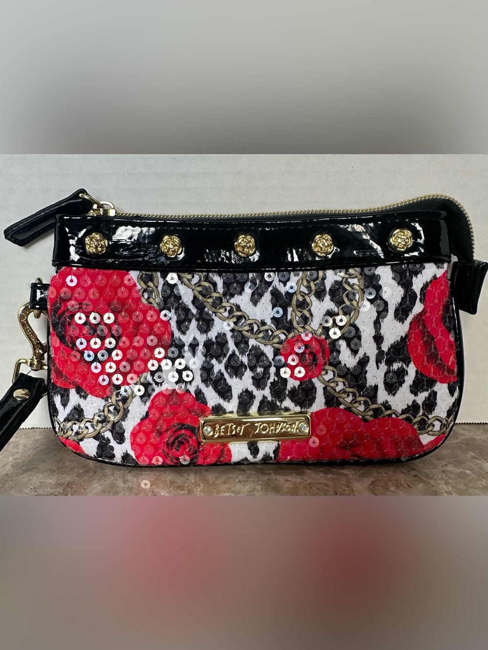 Vintage Y2K Betsey Johnson Betseyville Sequin Leopard Rose Wristlet Mcbling Chic